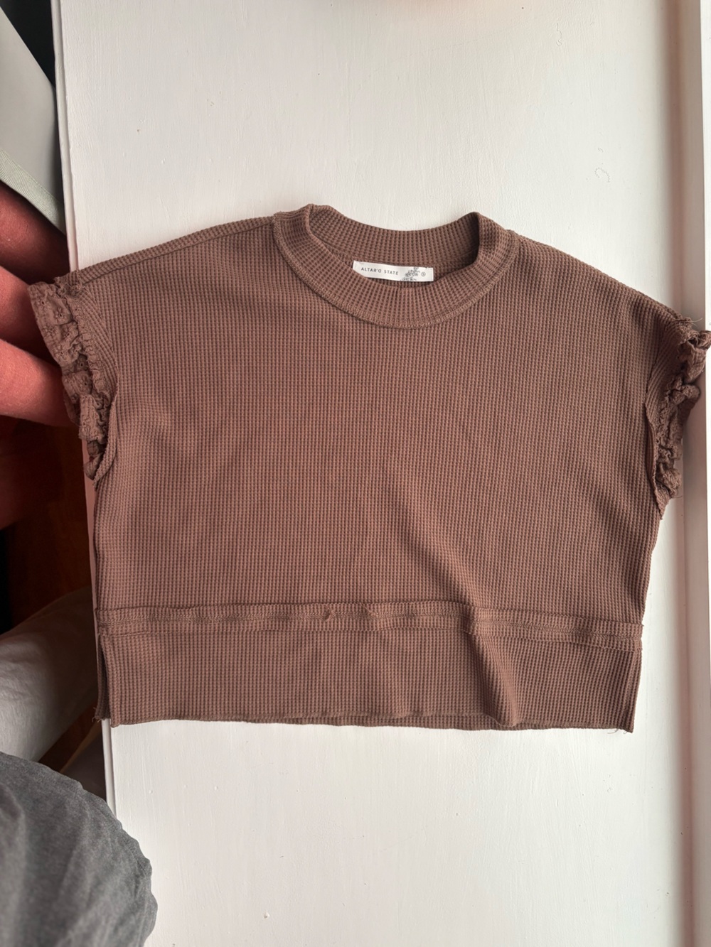 Altar'd State Brown Waffle Knit Cap Sleeve Crop Top